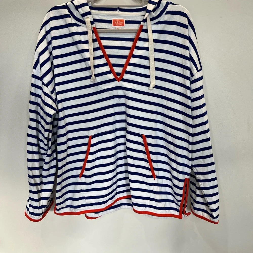 J.Crew Weekend V-Neck Long Sleeve Hoodie Women's Sz XL Nautical Blue Orange Trim - Picture 1 of 6